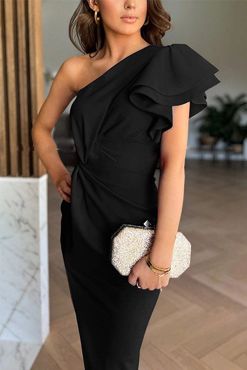 Mya | Midi Sukienka z Asymetrycznym Dekoltem