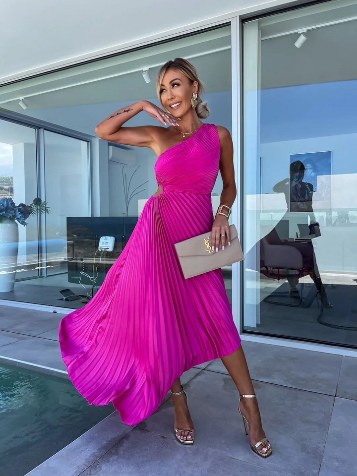 Celeste – Elegancka Sukienka Maxi z Jednym Ramieniem i Plisami
