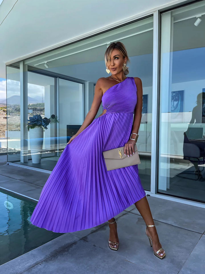 Celeste – Elegancka Sukienka Maxi z Jednym Ramieniem i Plisami