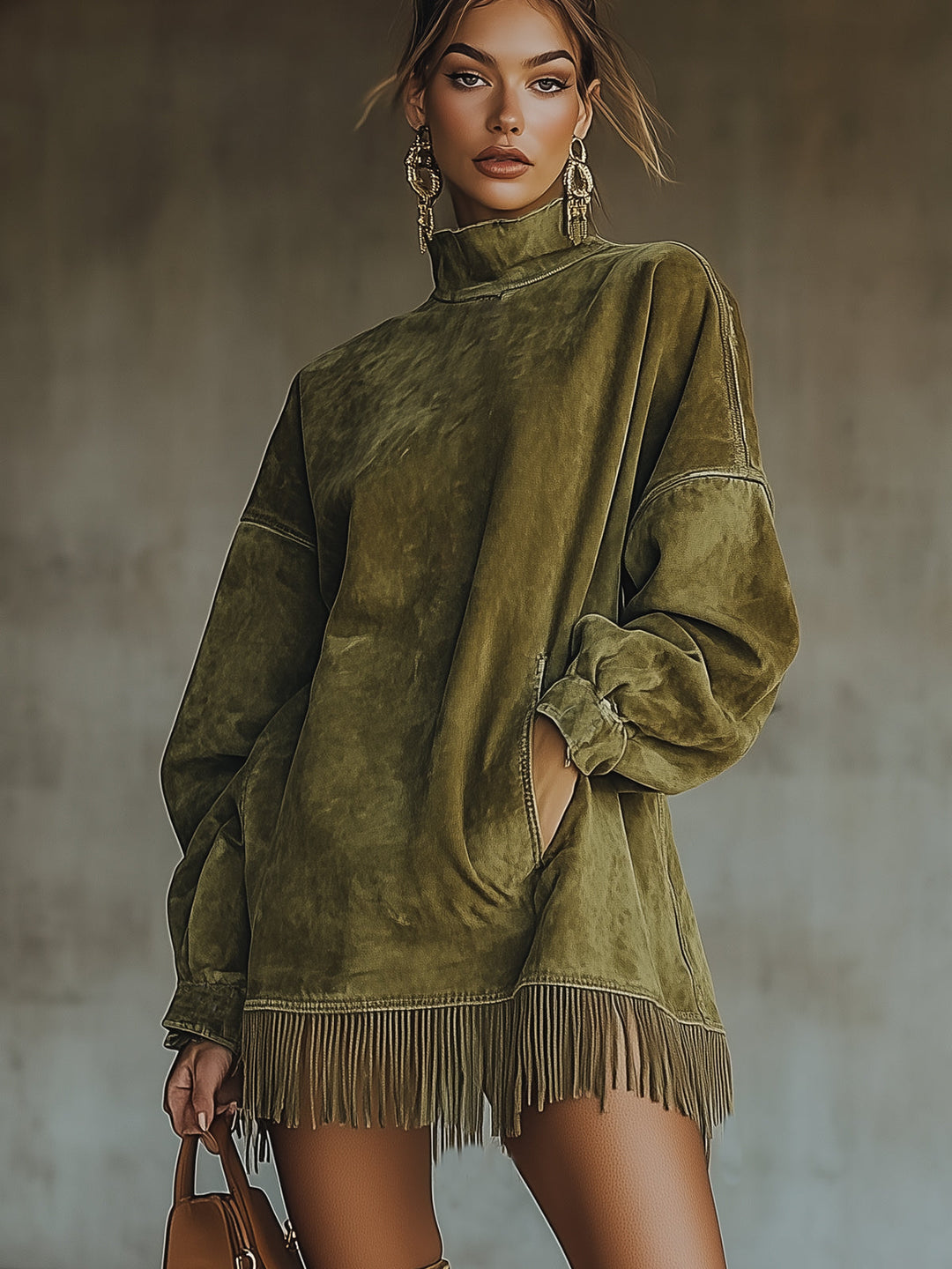 Patricia – elegancka sukienka z weluru z wysokim kołnierzem i frędzlami