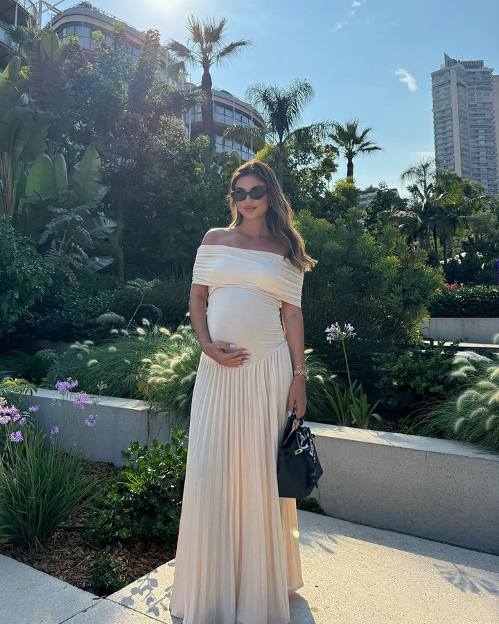 Amara – Elegancka Sukienka Maxi Ciążowa z Faldami