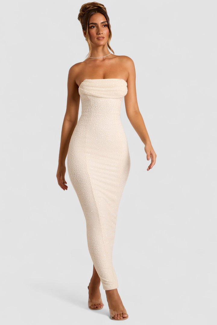 Yasmin – Elegancka Sukienka Maxi z Drapowanym Dekoltem i Błyszczącymi Detalami