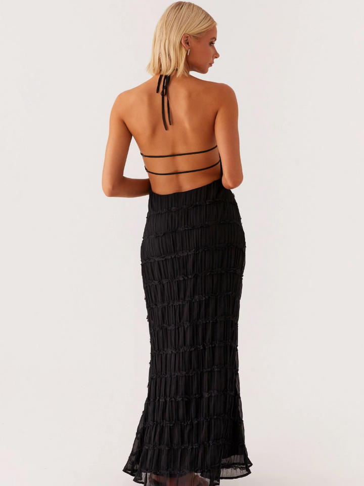Cyara – Elegancka Czarna Sukienka Maxi Halter dla Kobiet