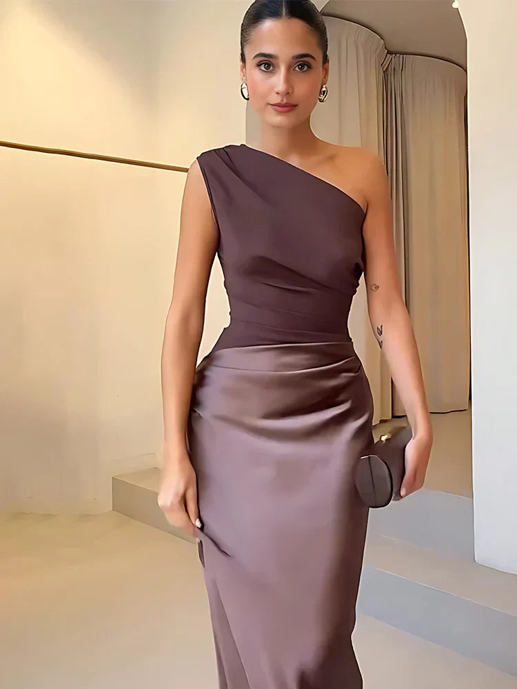 Sophia | Sukienka Maxi z Satyny z Jednym Ramieniem