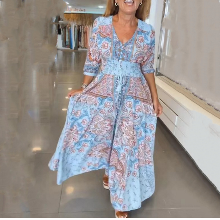 Camelia - Eleganckie wzory kwiatowe na długiej sukience dla kobiet