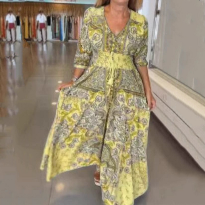 Camelia - Eleganckie wzory kwiatowe na długiej sukience dla kobiet